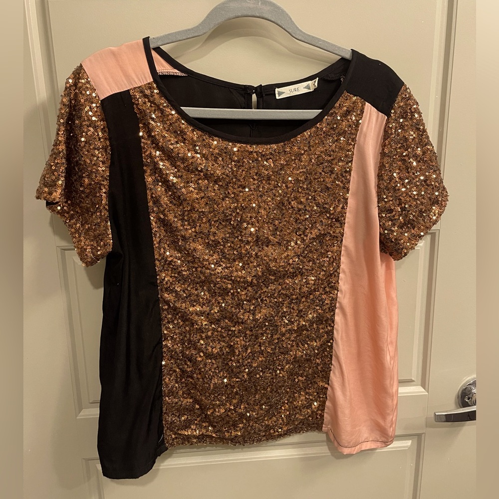 Copper Sequin, Pink, and Black Block Shirt - Medium